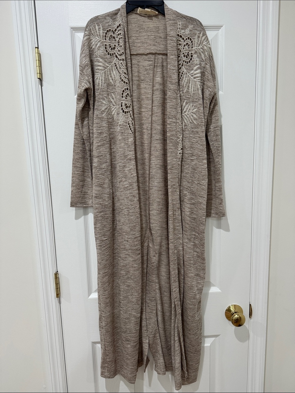 lovestitch Taupe Open-Front Duster Cardigan with Crochet Floral Detail